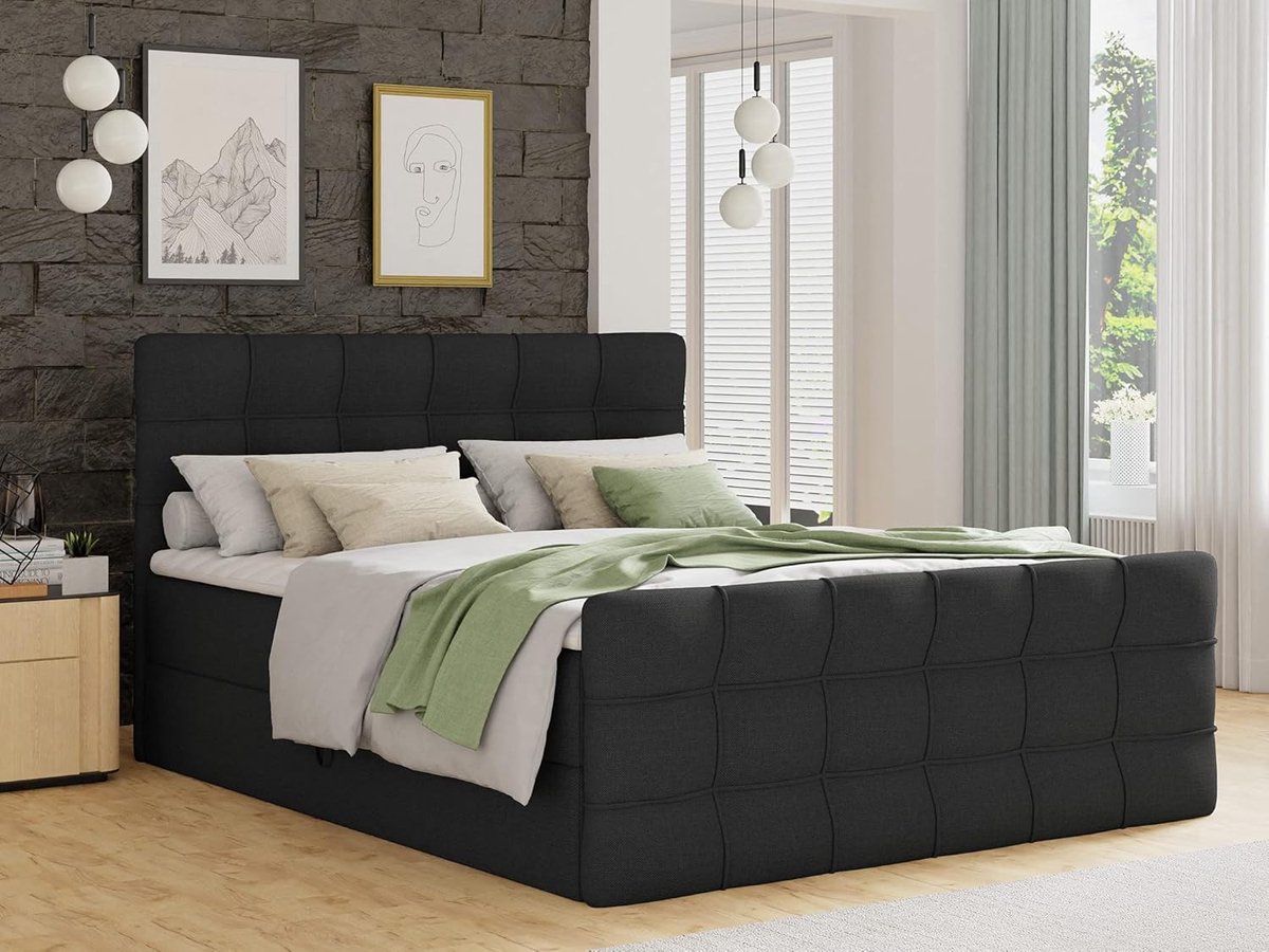 Boxspringbed 140x200 met opbergruimte, Bonell matras en topper – tweepersoonsbed met 2 bedladen, gestoffeerd bed met hoofdbord en voeteneinde, zwart – Pauwhome Royal Lux Storage