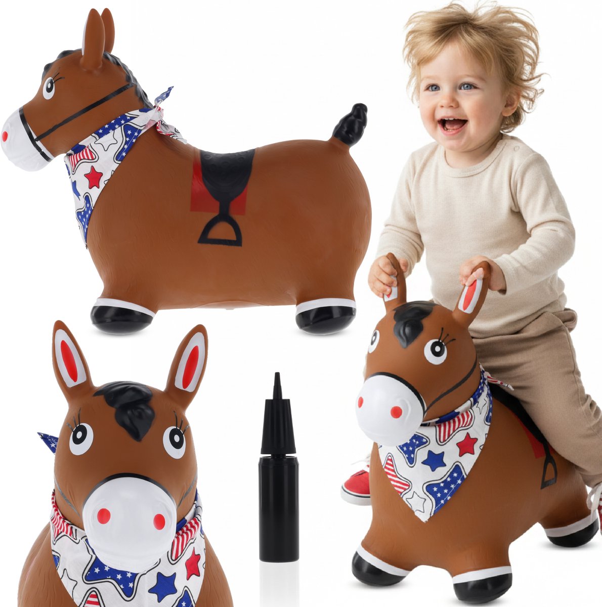 sun baby - Springdier met pomp vanaaf 1 jaar - Paard - bruin met sjaal - max 50kg, duurzaam rubber, gecertificeerd, bpa-vrij, springpaard, springhond