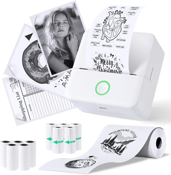 Een witte mini-printer met diverse prints: een meisje, anatomisch hart, kerstgroet en boodschappenlijst.