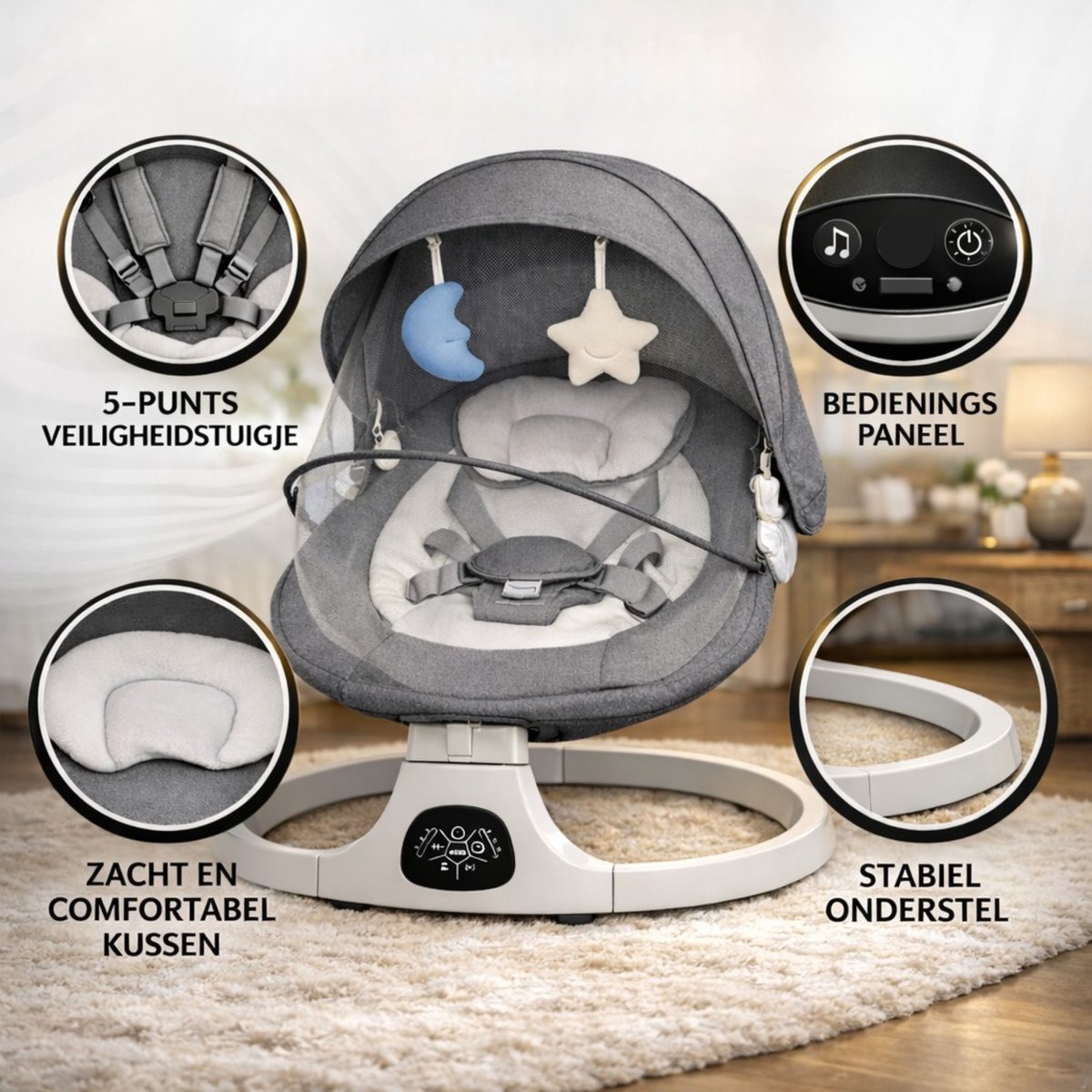 Oemmie Elektrische wipstoel - Baby swing - Schommelstoel baby - Baby wipstoel - Inclusief bluetoothfunctie en afstandsbediening - 5 Schommelstanden - Grijs – foto 7