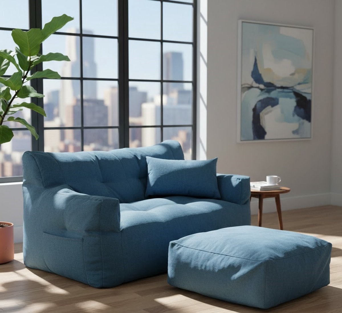 Luxe Dubbele Zitzak Bank met Voetenbank – Comfortabele Hoge Rug Ligstoel voor Volwassenen en Kinderen – Binnen en Buiten – Bean Bag Cover (Alleen Hoes, Inclusief Gratis Voetenbankhoes) – Duurzaam & Wasbaar House&Garden