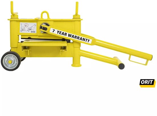 Gele klinkerknipper met twee wielen, twee handgrepen en de tekst '7 YEAR WARRANTY'.