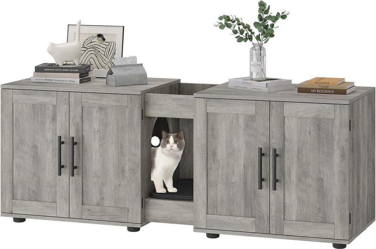 Kattenbak meubel voor 2 katten – dubbel kattenhuis met opbergruimte – grijs -140x45x57CM Kattenbak meubel voor 2 katten – dubbel kattenhuis met opbergruimte – grijs -140x45x57CM