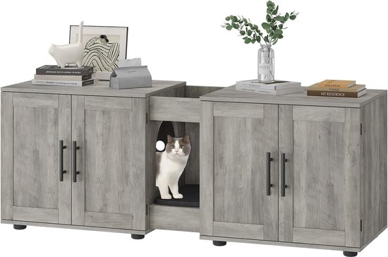 Kattenbak meubel voor 2 katten - dubbel kattenhuis met opbergruimte - grijs -140x45x57CM