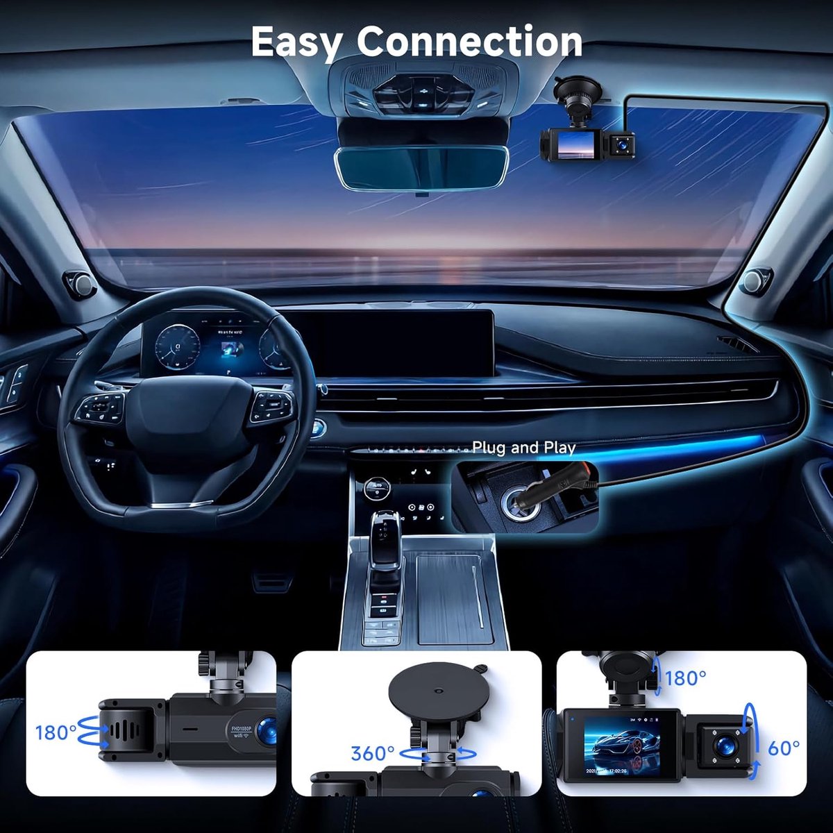 WiFi Dashcam voor Auto – 3-kanaals Draadloze Dashcam met App, Voor Binnenin Achter Camera, Full HD 1080P, 2” IPS-scherm, Nachtzicht, Bewegingsdetectie, Loopopname, 64GB-kaart Inbegrepen – foto 3