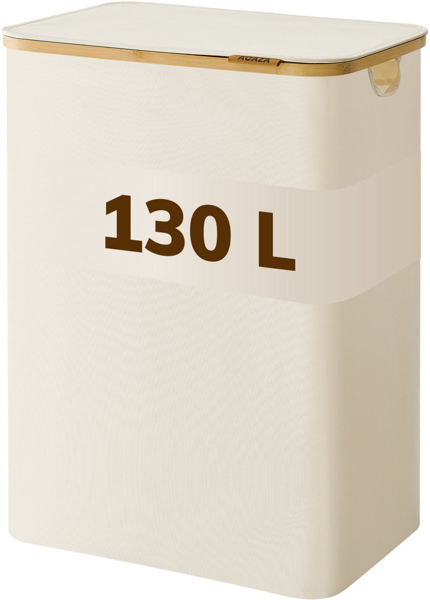 ACAZA Wasmand Met Deksel - 2 Vakken - 130 L - Bamboe - 52 x 38,5 x 70,5 cm - Beige