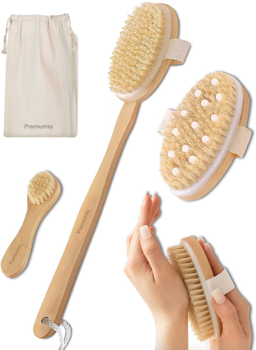 Premiumsy Lichaamsborstel Set - Badborstel - Rugborstel Douche met Steel - Rug Scrubber - Dry Brushing - Droogborstel met Natuurlijke Haren - Doucheborstel - Huidborstel