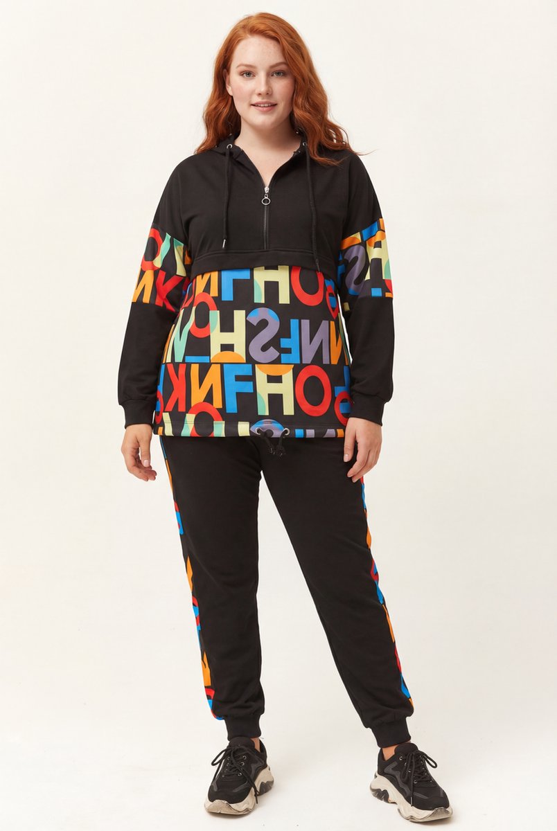 Dames Grote Maten Trainingspak met Gekleurde Letterprint 3XL - Plus Size Tracksuit XXXL Huispak