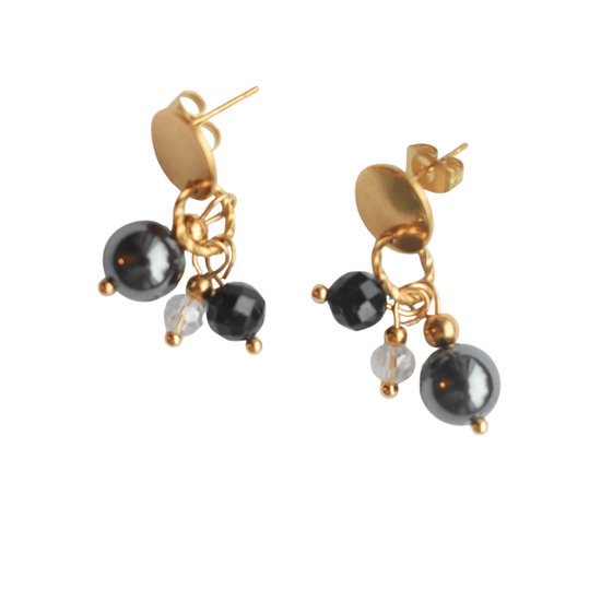 Boucles d'oreilles pierre précieuse pyrite tourmaline | boucles d'oreilles pierre précieuse | boucles d'oreilles femme dorées | boucles d'oreilles charme | boucles d'oreilles acier inoxydable | fait main aux Pays-Bas | bijoux PhiVi