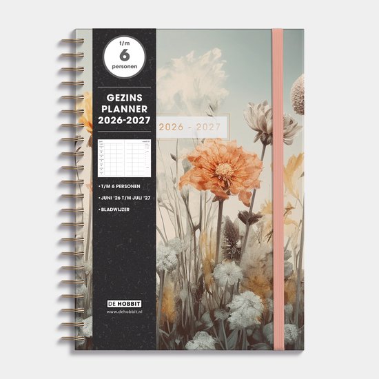 Hobbit - Gezinsagenda 2026-2027 - A4 (21 x 29,7 cm) - Gezinsplanner - Familie agenda - 6 personen - 1 week op 2 pagina's - Harde Kaft - Veldbloemen