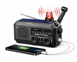 AG Noodradio Solar Opwindbaar en Batterij - Draagbaar - 3 in 1 Radio - Handdynamo – Opwindbare FM/AM/WB Radio – Powerbank 2000mAh – USB & USB-C opladen – Zaklamp & SOS-Alarm – Voor Noodpakket, Camping & Stroomuitval - Zwart