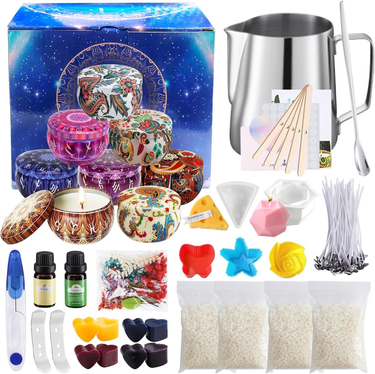 Aurixi® Candle Making Kit – Zelf Kaarsen Maken Set – Met Geurende Bijenwas - Starterspakket - Meerkleurig - 22cm x 18cm x 14cm