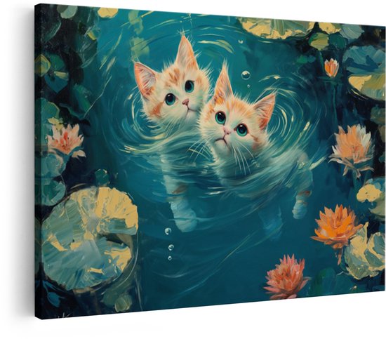 Artaza Canvas Schilderij Kat - 30x20 cm - Wanddecoratie Vijver - Muurdecoratie Waterlelies - Decoratie Monet Bloemen