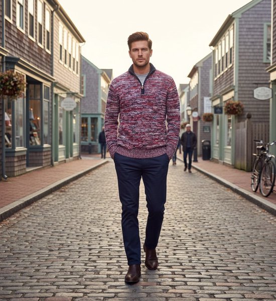 Hommard Quarter Zip Neck Sweater, Valcenis, Large, Rouge, Marine, White Mélange, Jersey Heavy Tricoté, Cachemire, Laine, Yak, Pull Chaud, Luxe, Pull Épais, Hommes, Femmes, Unisexe