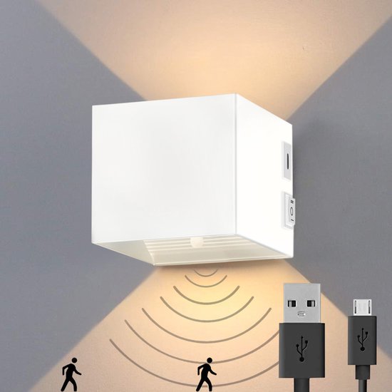 Luminize Oplaadbare wandlamp op accu draadloos - met bewegingssensor - aluminium - 5200mah - 2700K - met accu indicator - trapverlichting - wit