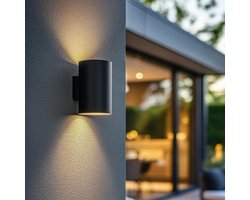 RexTech Solar wandlamp buiten 'Sverre' rond - Met bewegingssensor - Up down light - Warm wit licht (2700K) - 50 lumen - Aluminium behuizing - Zwart