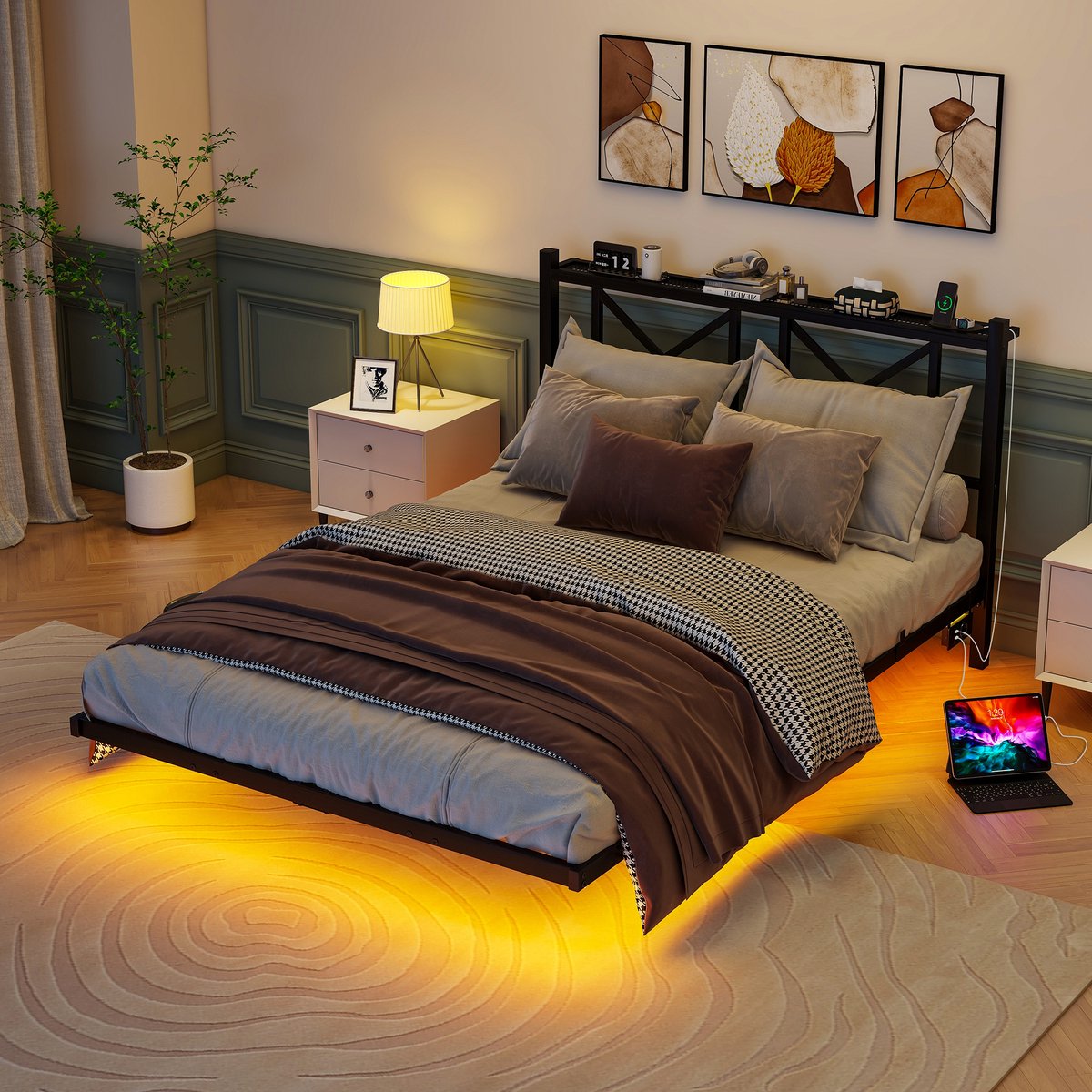 Tweepersoonsbed 140 x 200 cm – met LED-verlichting – voor moderne slaapkamer – praktisch en ruimtebesparend ontwerp – praktische slaapoplossing voor