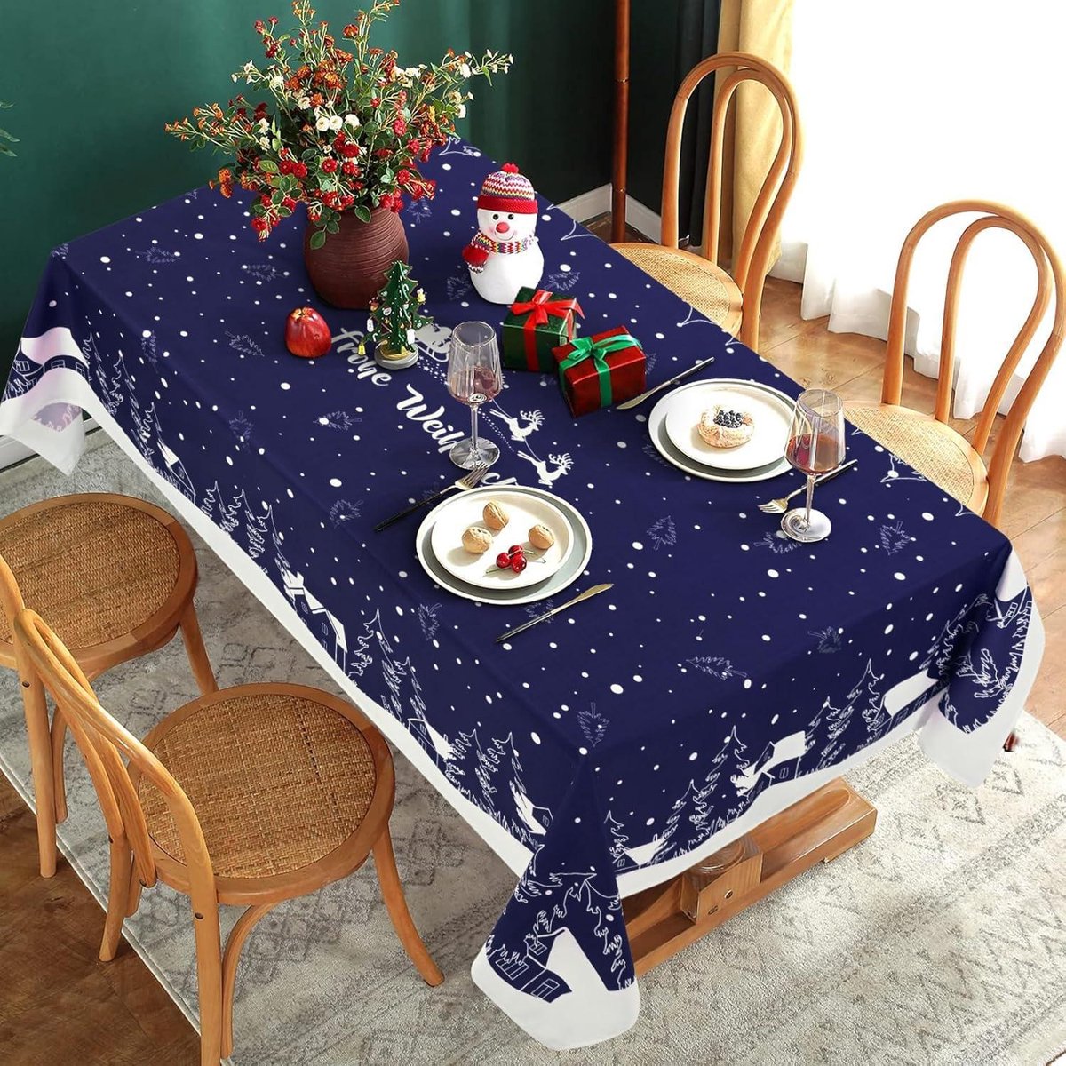 Tafelkleed 140 x 200 cm - winter thema, waterdicht, blauw en wit