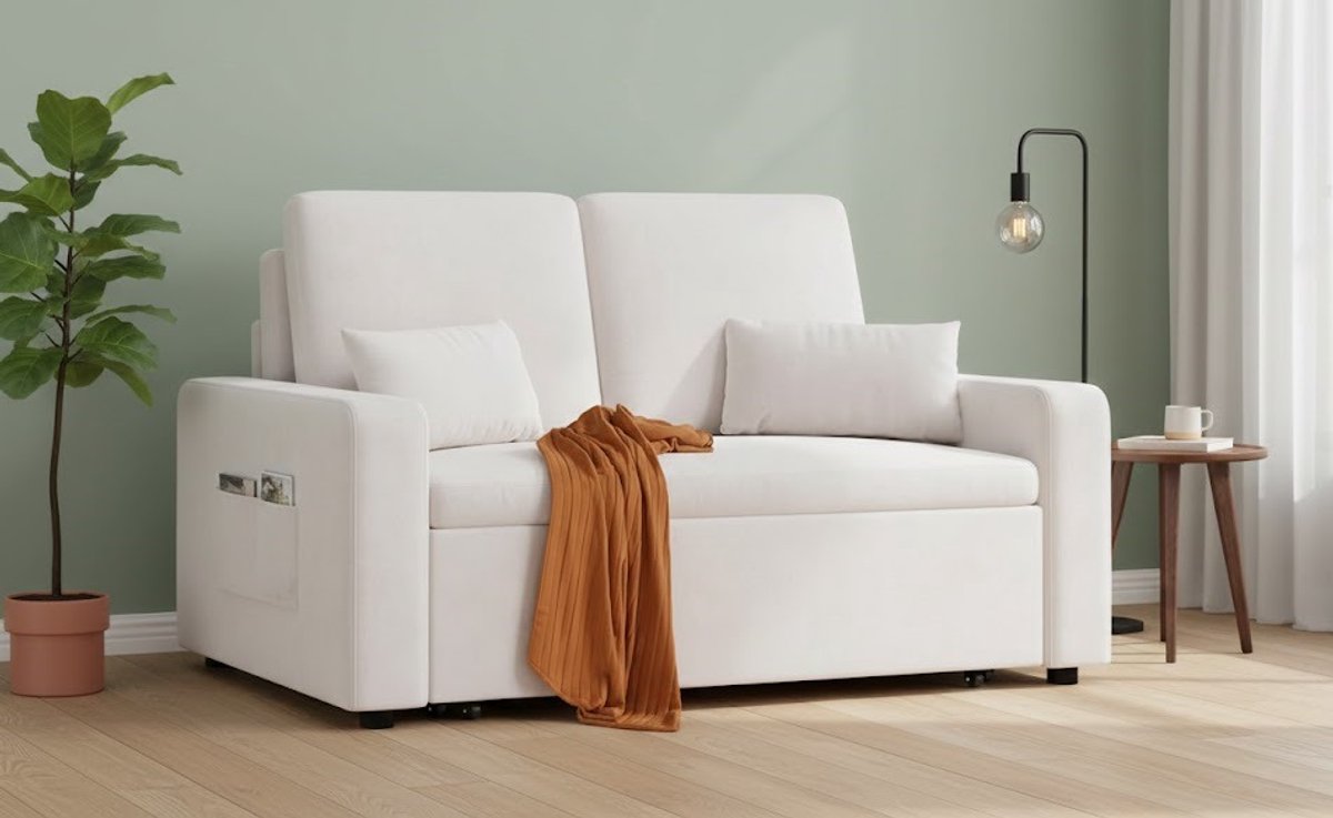 Luxe Uittrekbare Slaapbank 2-Zits | Modern Velours Beige Sofa met Slaapfunctie en Opbergruimte | Comfortabele Bank met Ergonomische Kussens | Ideaal voor Kleine Woningen en Logees House&Garden