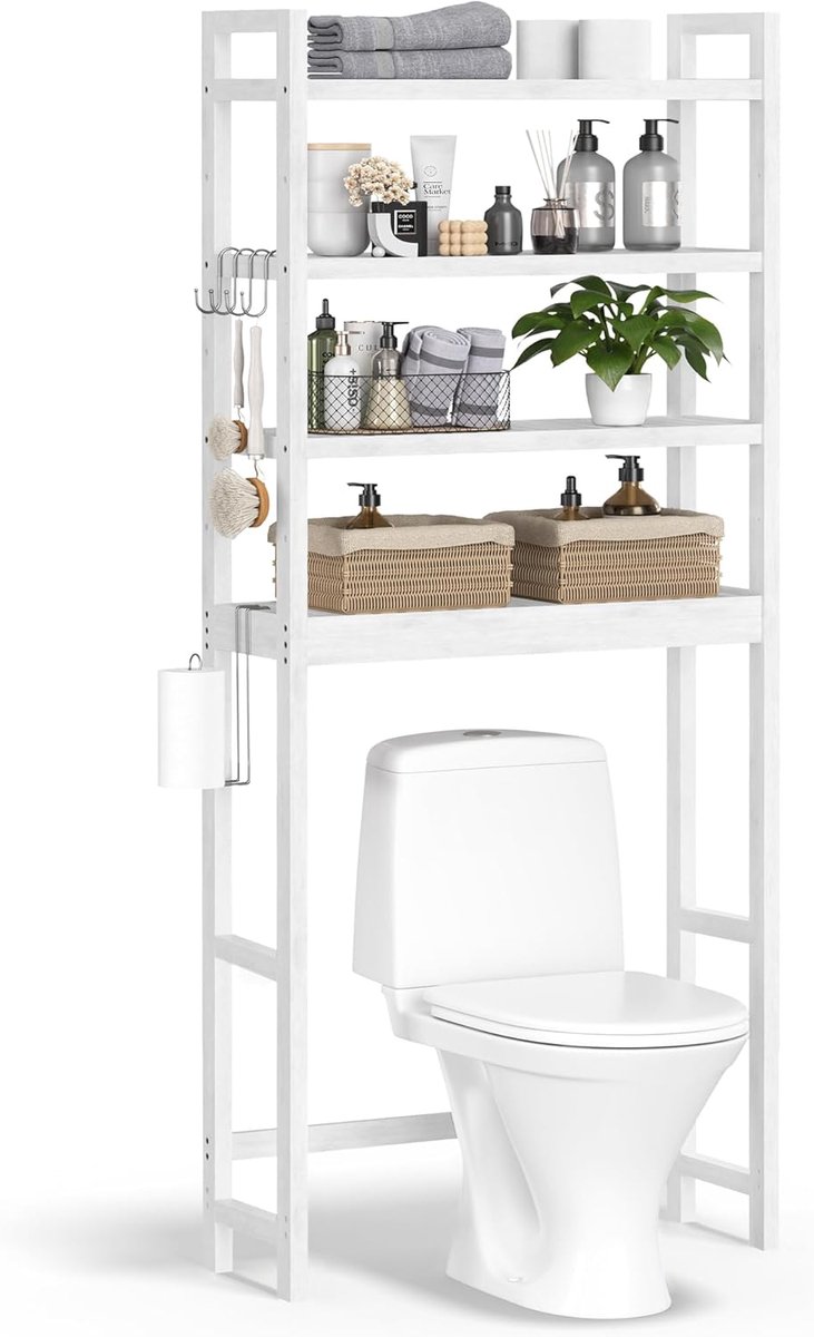 SONGMICS Over The Toilet Storage, 4-Tier Over Toilet Badkamer Organizer met Verstelbare Planken, 10.2 x 24,8 x 72,8 Inch, Ruimtebesparend, Cloud White BTS041W01
