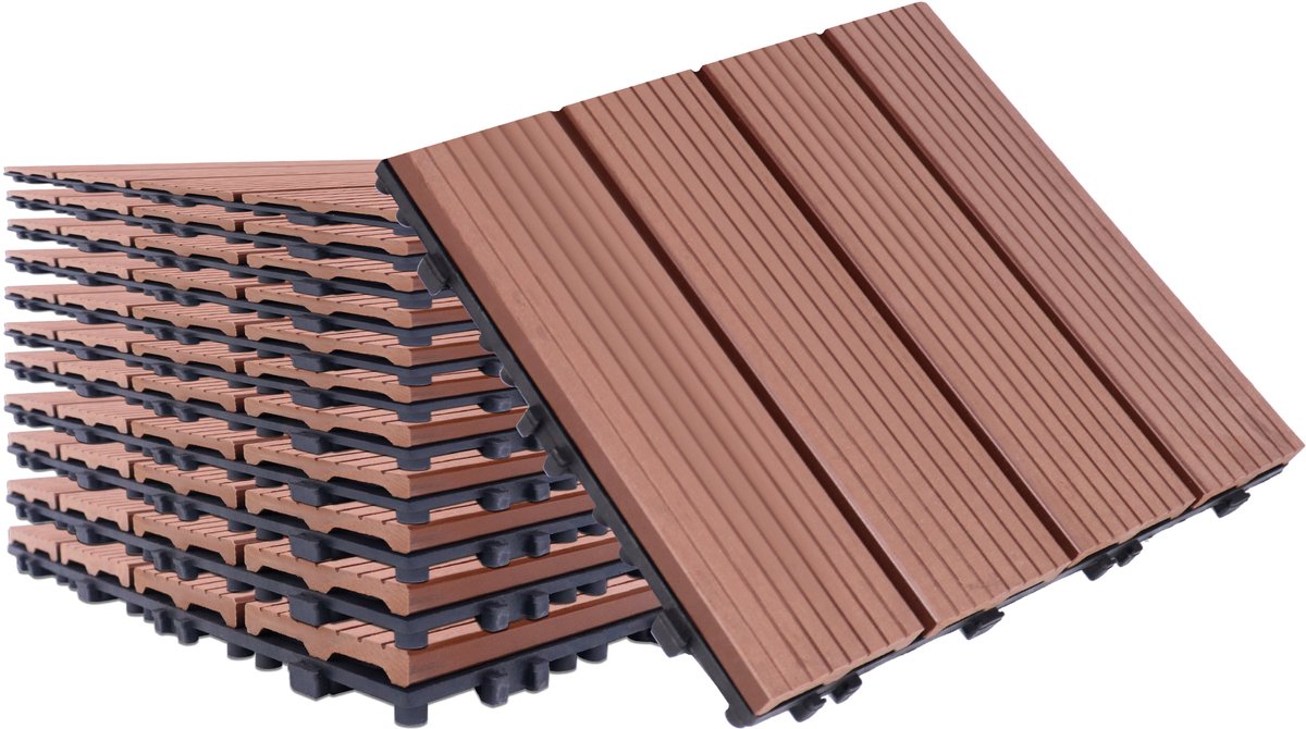 Aufun WPC terrassenfliesen met houtlook - 1 m² - 11 stuks 30x30 cm - Kliksysteem - Roodbruin - Voor tuin en balkon