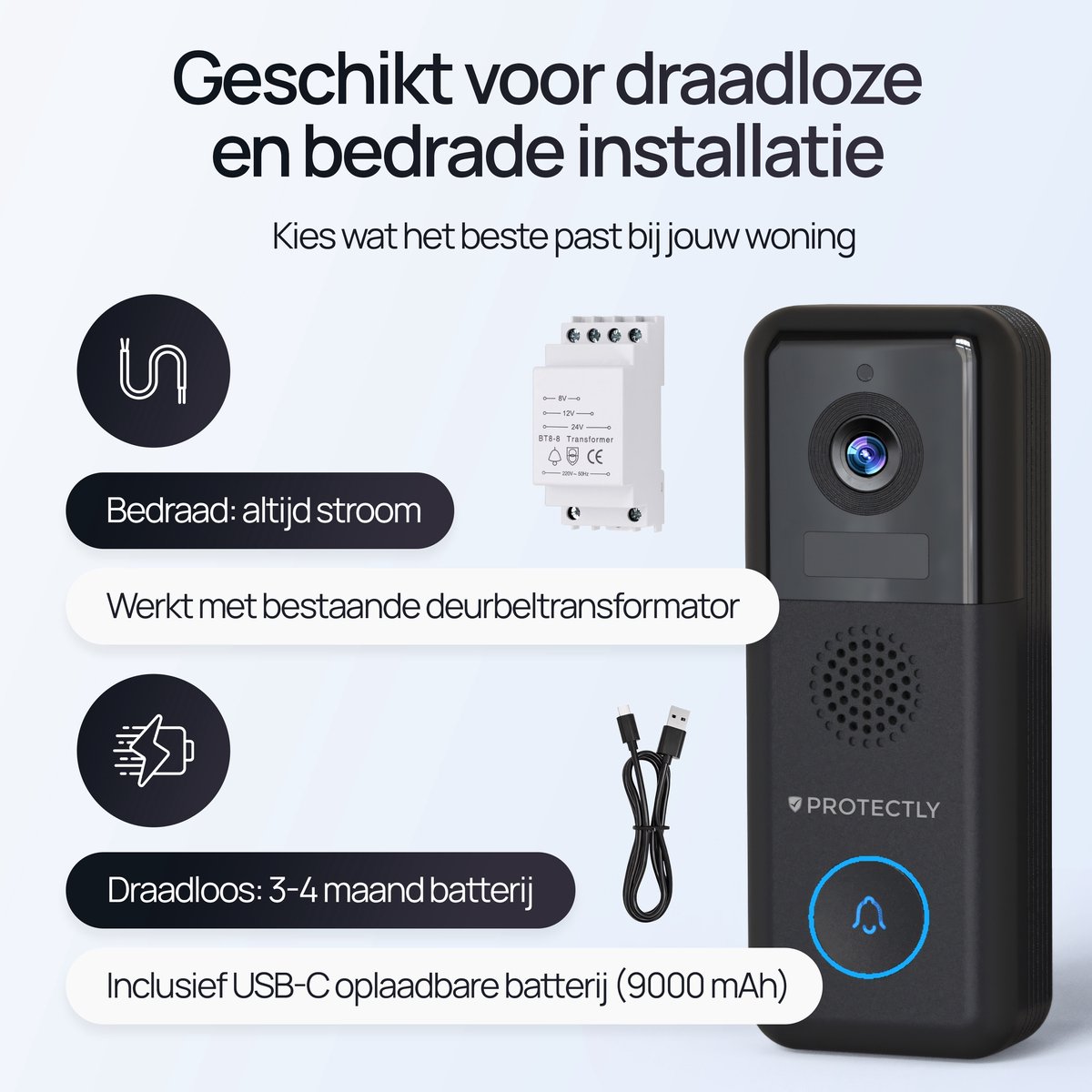 Protectly® 2K Ultra HD Video Deurbel Met Camera - Geen Abonnement - 2-in-1 Deurbel Bedraad (Vast stroom) & Deurbel Draadloos - Deurbellen Met Camera - Waterdicht - Incl. Gong (T-ring geluid) - Incl. 64GB SD — cadeau in Elektronica - foto 7