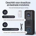 Zwarte deurbel met camera voor bedrade of draadloze installatie, met adapter en USB-C kabel.