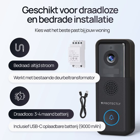 Zwarte deurbel met camera voor bedrade of draadloze installatie, met adapter en USB-C kabel.