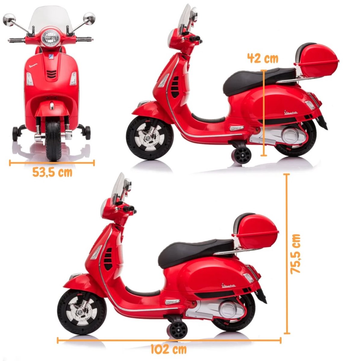 Vespa GT Full Option Elektrische Kinderscooter 3 tot 6 jaar – Officieel Gelicentieerde Kinder Vespa met Kofferbak & Verwijderbare Zijwieltjes – Li-ion Kindermotor met Kunstlederen Zitje, MP3 AUX & USB – Rood — afbeelding 3