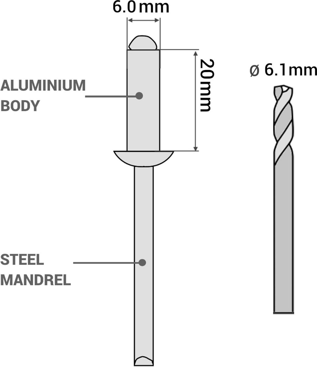 Aluminium Blindklinknagels 6,0 x 20 mm, Stalen Doorn, Koepelkop, 25 Stuks