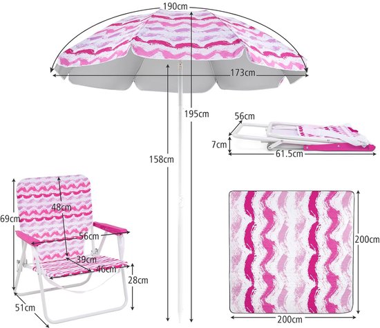 KOMFOTTEU Set van 4 strandset, 2 ligstoelen, 1 tapijt, 1 parasol φ 175 cm, Campingstoel, klapstoel, belasting 150 kg van Merkloos — afbeelding 2