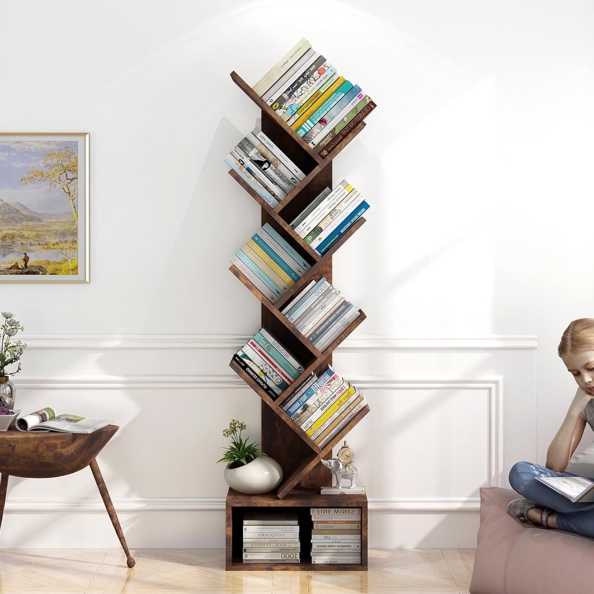 Boekenkast Boomvorm - 8 Niveaus - Met Opberglade - Vintage Bruin - Staande Boekenrek voor Woonkamer en Kantoor - Ruimtebesparend - 131 cm Hoog