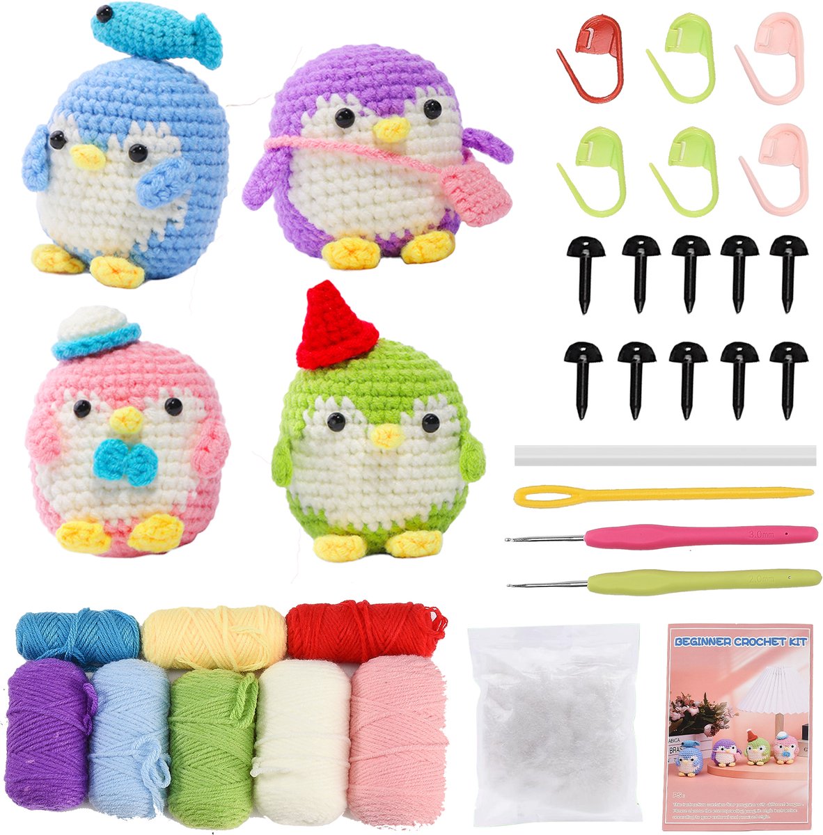 Haakpakket Pinguïns in 4 kleuren – Compleet Haakpakket voor Volwassenen en Beginners, Haken Pakket, DIY Amigurumi, Decoratie en Cadeau