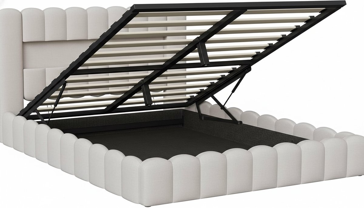 Boxspring 160x200 cm – Gestoffeerd Bed met Opbergruimte, Pneumatische Heffunctie, RGB-LED Verlichting, USB-oplaadpoorten – Modern Metalen Frame – Beige Tree Stump Stof – Casa Velluto SkyLuxe Bed