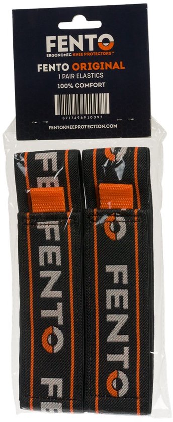 Verpakking met twee FENTO ORIGINAL elastieken voor kniebeschermers. Zwart met oranje strepen en witte FENTO-letters.