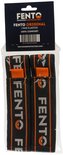 Verpakking met twee FENTO ORIGINAL elastieken voor kniebeschermers. Zwart met oranje strepen en witte FENTO-letters.