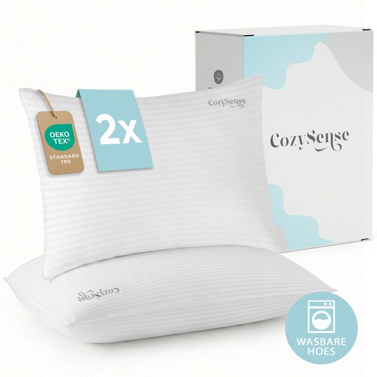 Deux oreillers blancs CozySense à rayures fines avec le logo "OEKO-TEX STANDARD 100". Un oreiller avec l'étiquette "2x".