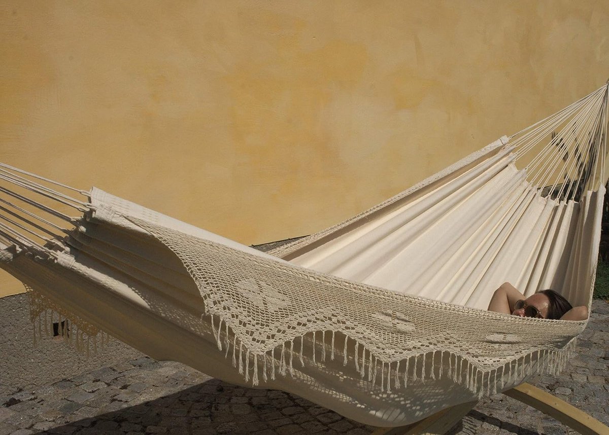Dubbele hangmat 400 x 170 cm met Macramé en Natuurlijke Katoen