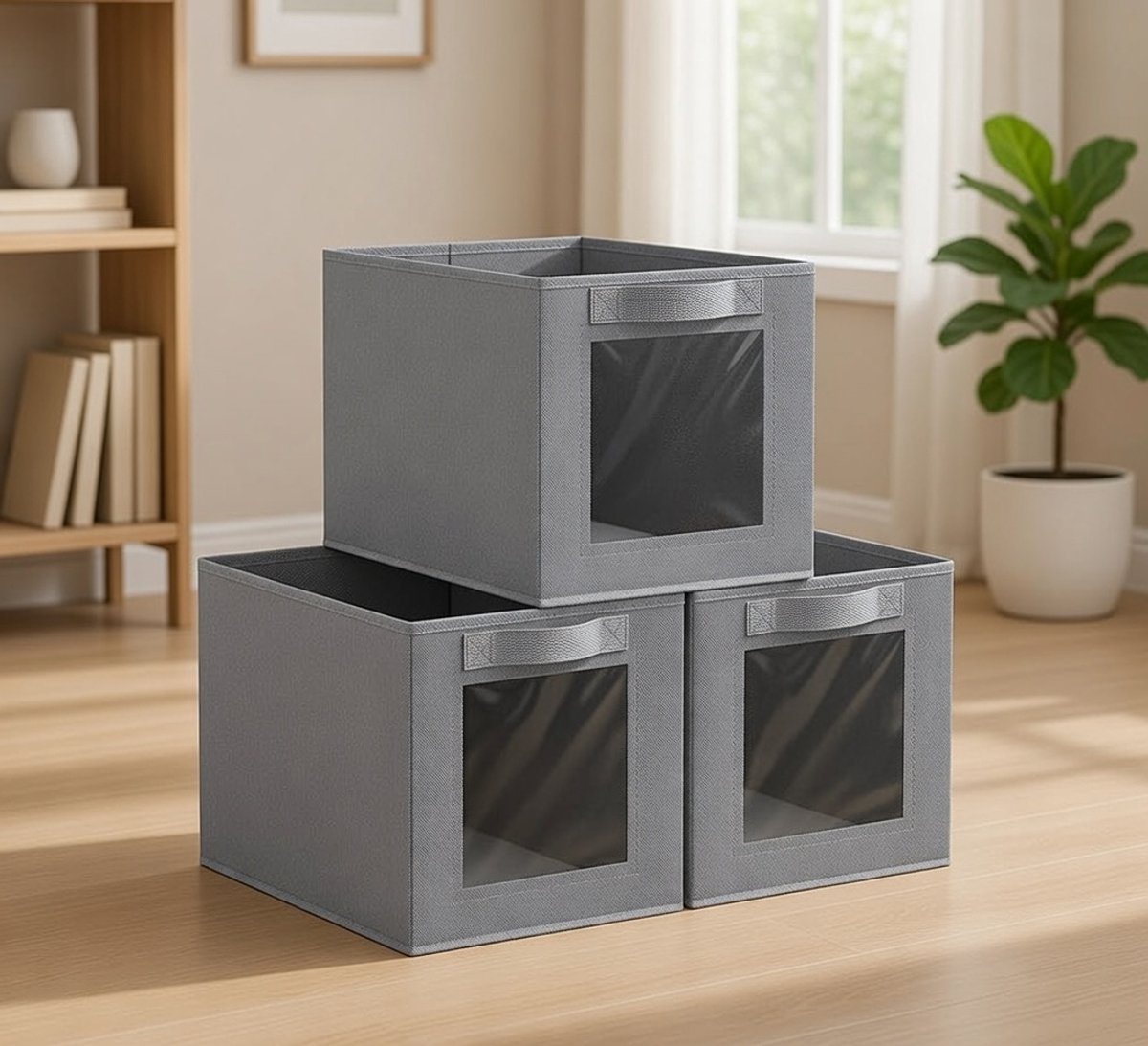 Opbergdozen met Transparant Kijkvenster 34x23x23 cm – Set van 3 Vouwbare Kleding Opbergboxen met Handvat – Donkergrijs – noviHome