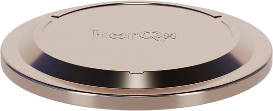 Zilverkleurig herQs deksel met logo, op zwarte achtergrond.