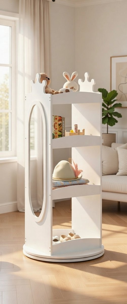 Draaibare Kinderkledingkast met Spiegel 360° – Witte Houten Garderobekast met Open Vakken en Haken – 109 cm – Modern Design voor Kinderkamer & Slaapkamer – 36x30x109 cm – Novihome
