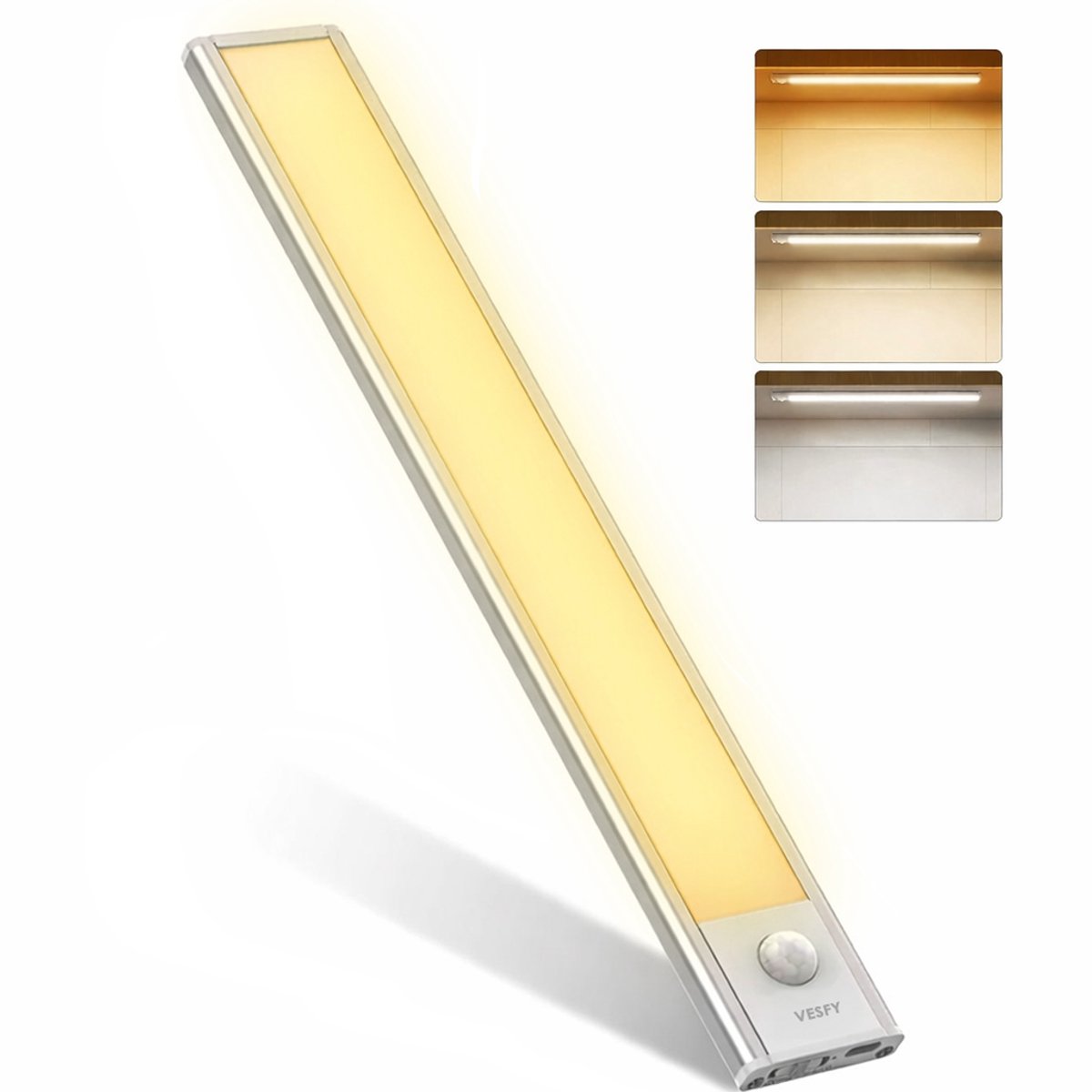 Vesfy LED Kastverlichting met Bewegingssensor - Oplaadbare Onderkast Lamp - Draadloos - 3 Lichtkleuren - Dimbaar - Magnetisch