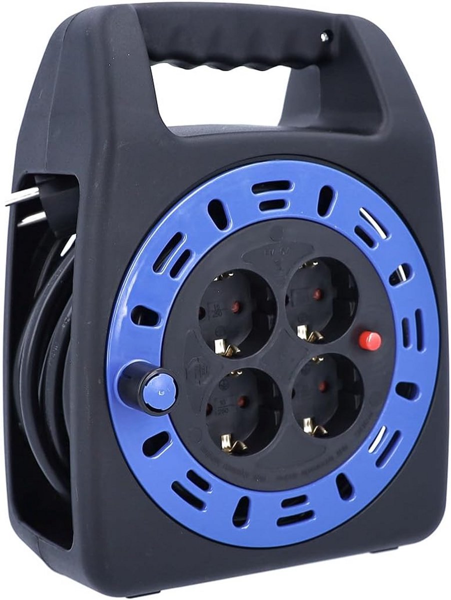 Kabelhaspel met 4 Beschermde Stopcontacten, IP20, 230 V, 10 m Kabel Lengte, Zwart
