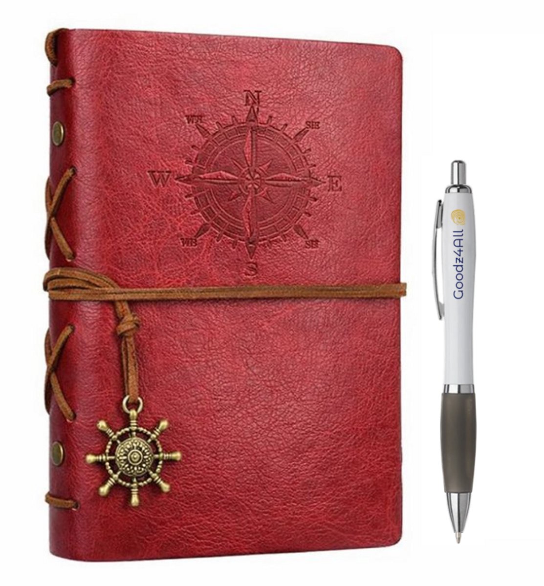 Goodz4All Vintage Lederen Notitieboek met Pen - Schetsboek Notebook - Travel Journal Refill Rood -Reis Dagboek Retro met Blanco Papier Navulbaar A5