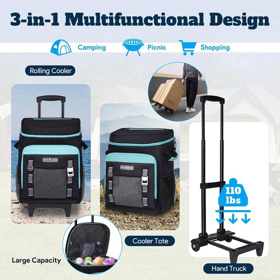 Koelbox met Wielen - 80 Blikjes, 50L, Opvouwbaar en Draagbaar voor Camping en Strand van Koelbox. — afbeelding 2