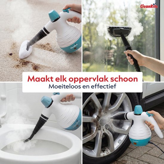 Vier afbeeldingen: stoomreiniger op tapijt, raam reinigen, toilet reinigen en velg van een auto reinigen. "Maakt elk oppervlak schoon. Moeiteloos en effectief".