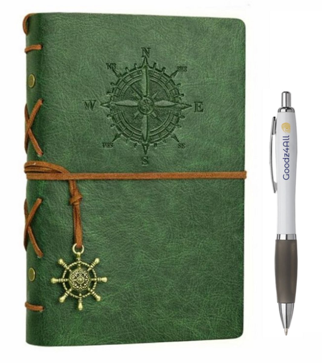 Goodz4All Vintage Lederen Notitieboek met Pen - Schetsboek Notebook - Travel Journal Refill Olijf - Reis Dagboek Retro met Blanco Papier Navulbaar A5