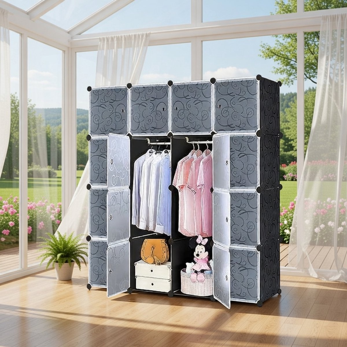 Multifunctionele Modular Kledingkast – DIY Opbergkast met 16 Kubussen, Stofdichte Slaapkamerkast met Deur, Stevige Kunststof en Metaal Opbergunit, Flexibel Stapelbaar en Organiseerbaar, Ideaal voor Kleding, Schoenen en Accessoires Novihome