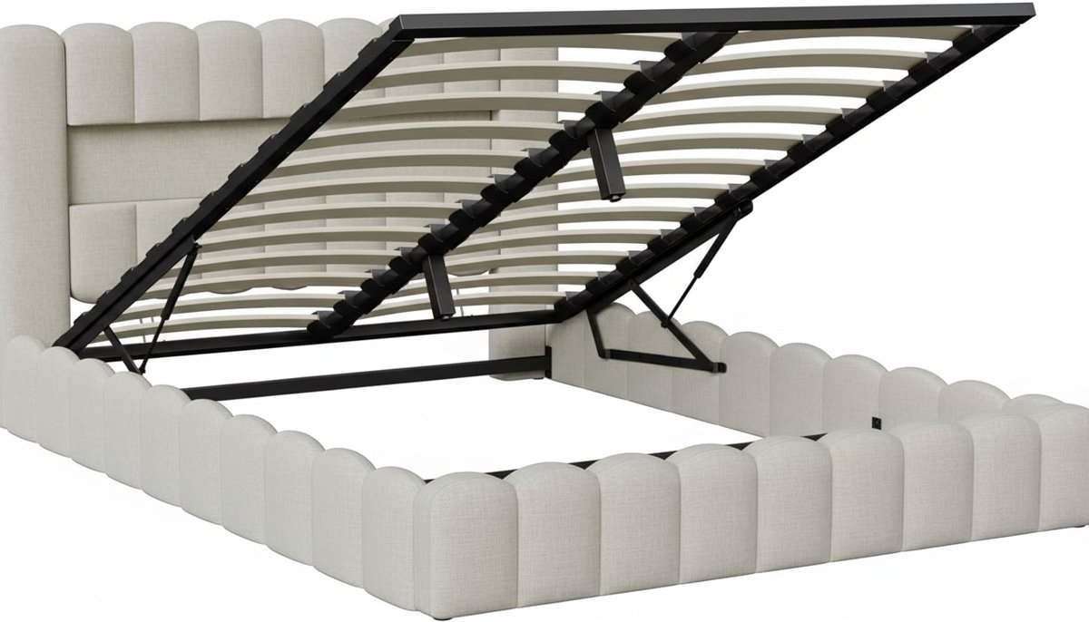 Gestoffeerd Tweepersoonsbed 180x200 cm – Casa Velluto Bubble Bed met LED en USB-oplaadfunctie – Hydraulisch Linnen Bed met Comfortabele Hoofdbord, Beige – Modern Design, Stabiel en Luxe