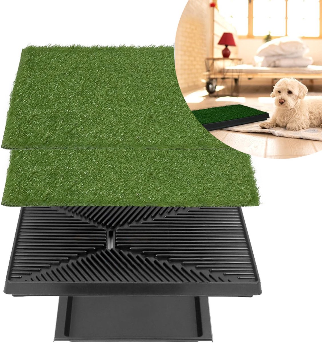 Kunstgras Puppy Plaskussen voor Honden en Kleine Huisdieren - 65x52x7.5 cm - Plassysteem voor binnen en buiten - met vervangbaar kunstgras *2 - Herbruikbare 3-Laags Training Potje Pad met Dienblad - Huisbrekende Benodigdheden voor Honden - Groen